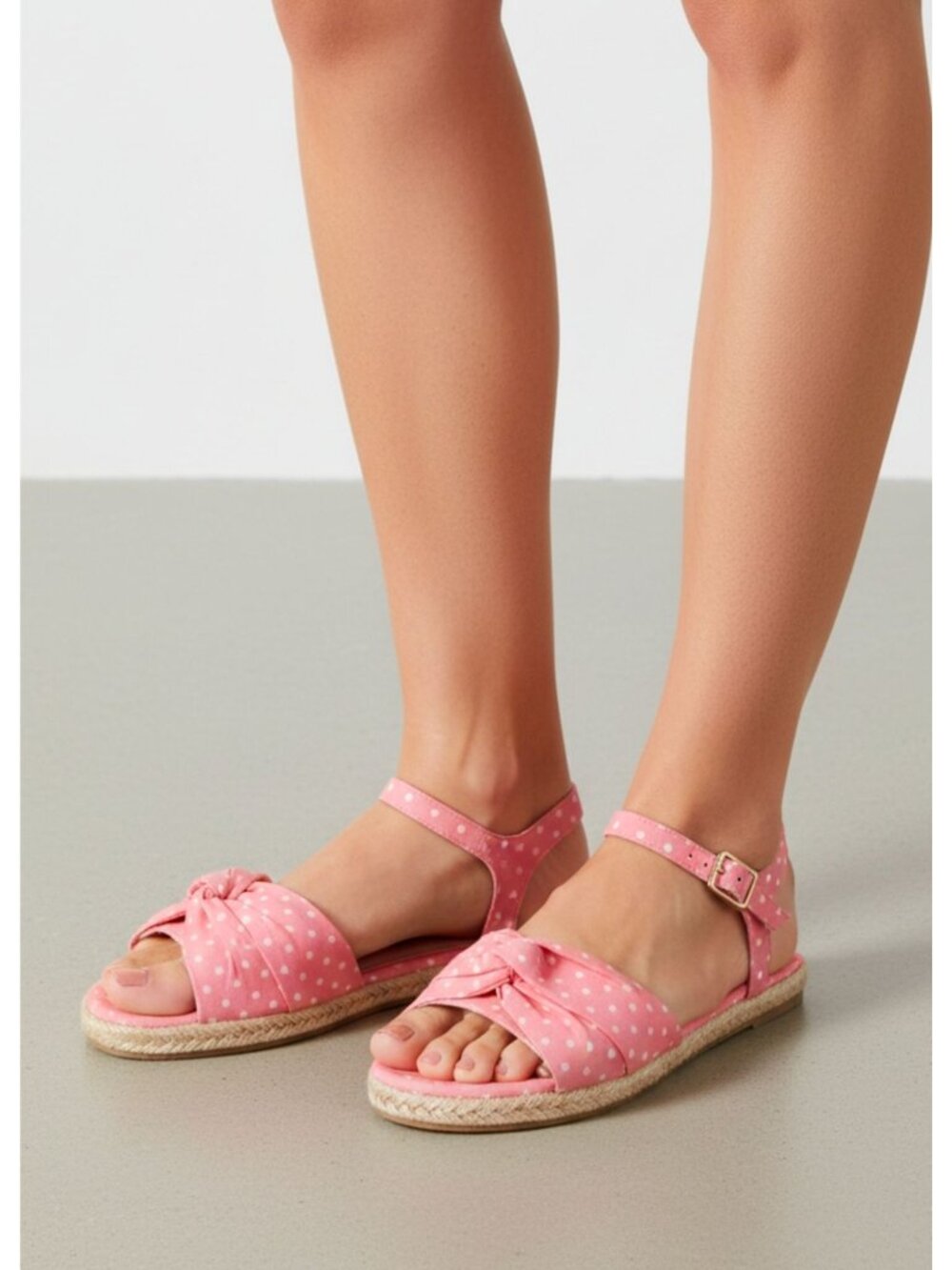 Polka Dot Blush Espadrille Sandals With Bow Detail & Adjustable Strap